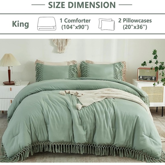 King size 3 piece sage green comforter set boho bohemian Queen - Picture 5 of 7